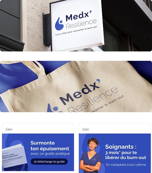 Medx'Resilience - Branding 5 Panneau, totebag et sélection linkedin chartés avec les couleurs et logo de Medxresilience