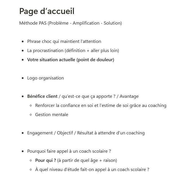 Structure de la page d'accueil sous forme d'indications