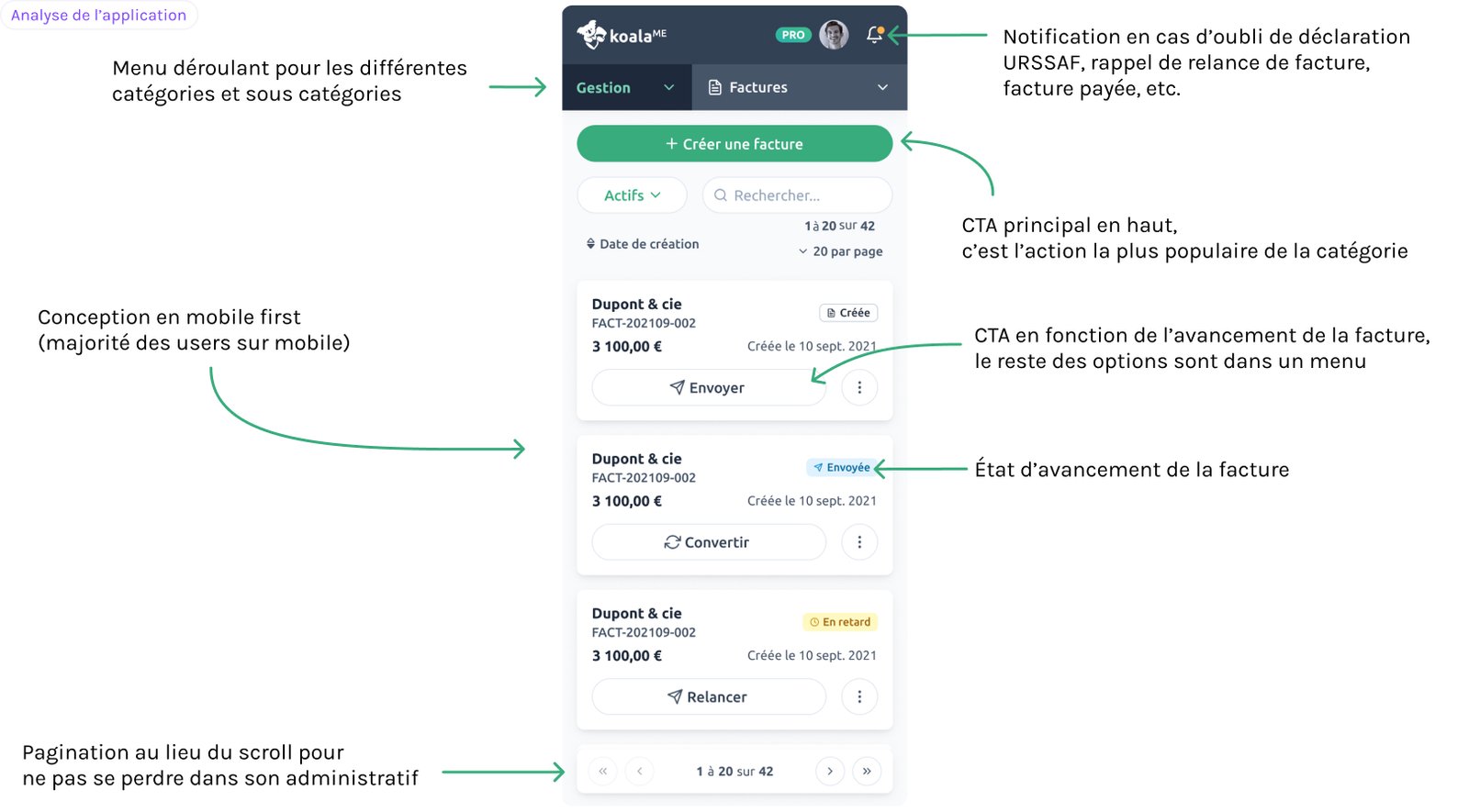 Explication de la page facture de l'application de KoalaME : Menu déroulant pour les différentes catégories et sous catégories, Notification en cas d’oubli de déclaration URSSAF, rappel de relance de facture, facture payée, etc, CTA principal en haut, c’est l’action la plus populaire de la catégorie, CTA en fonction de l’avancement de la facture, le reste des options sont dans un menu, État d’avancement de la facture, Pagination au lieu du scroll pour ne pas se perdre dans son administratif, Conception en mobile first (majorité des users sur mobile)