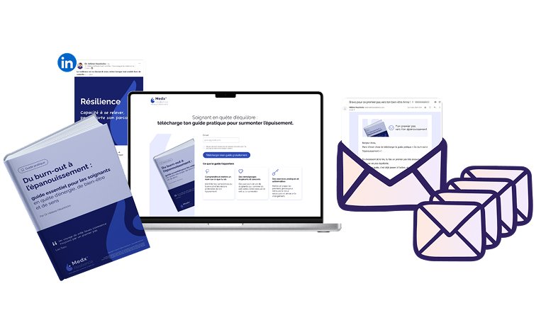 Medx'Resilience - Tunnel de vente 5 Visuel de tous les contenus du tunnel de vente de Medxresilience : ebook, post, landing page, mail
