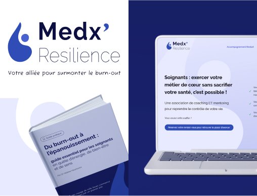 Accueil 2 Réalisations pour Medxresilience avec le logo, l'ebook et le site web
