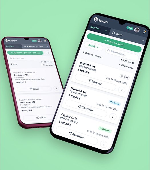 KoalaME - Application 5 Page de devis et des produits et services sur téléphone