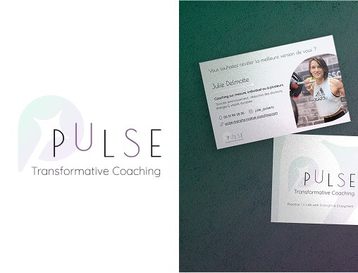 Accueil 3 Réalisations pour PULSE Transformative Coaching avec son logo et sa carte de visite