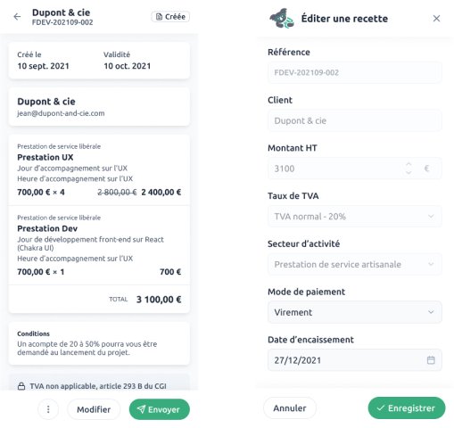 KoalaME - Application 6 Page de vue de facture et d'ajout de recette du logiciel