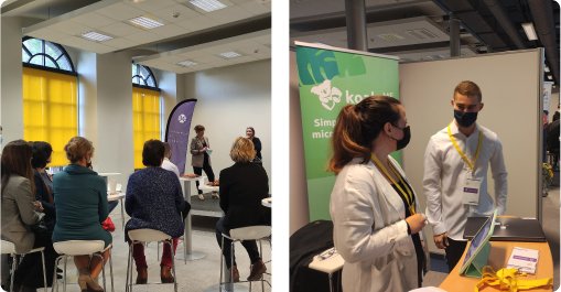 Photo du salon avec la scène et un stand d'entreprise