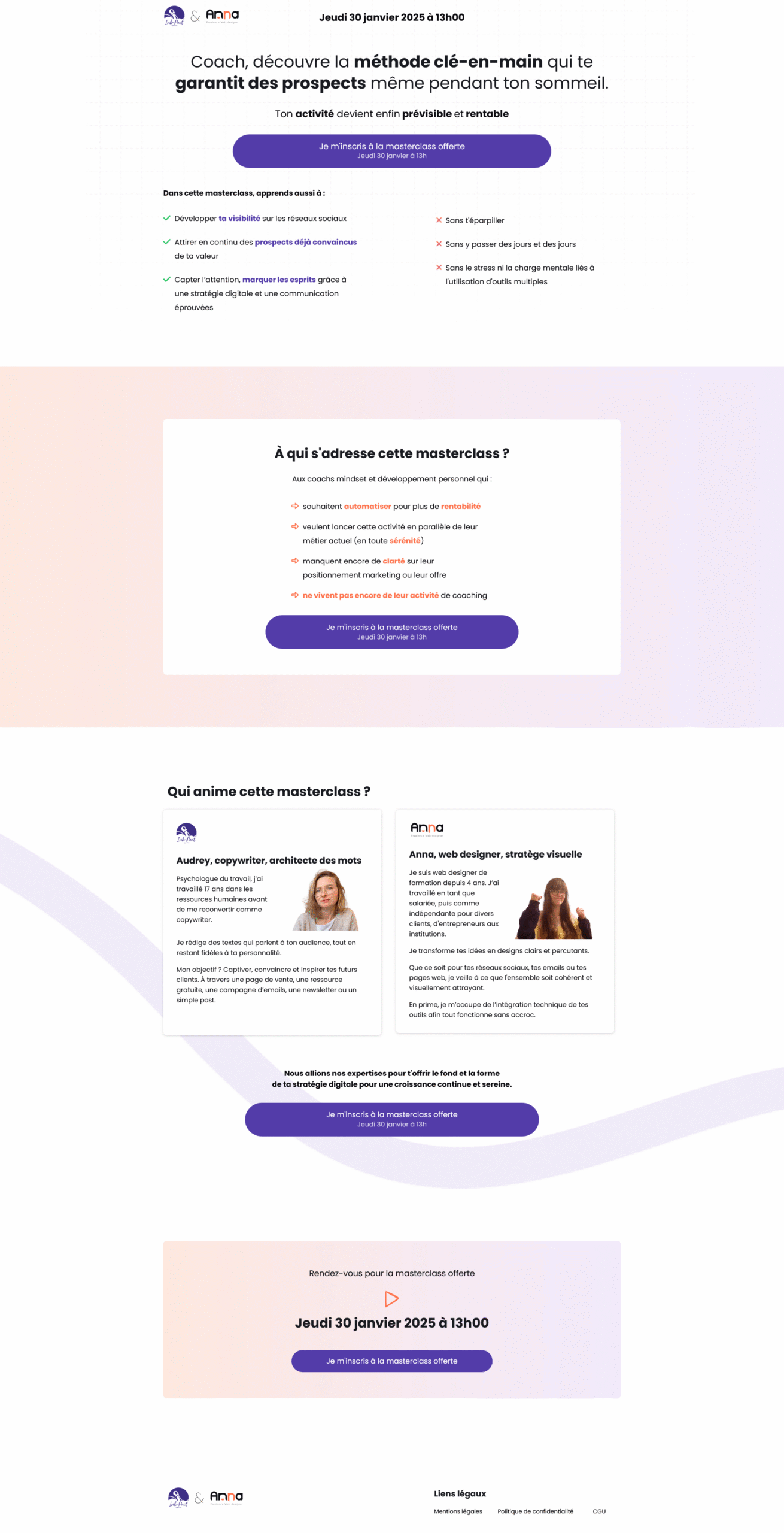 Webinaire Audrey & Anna - Tunnel de vente 10 Landing page pour l'inscription au webinaire