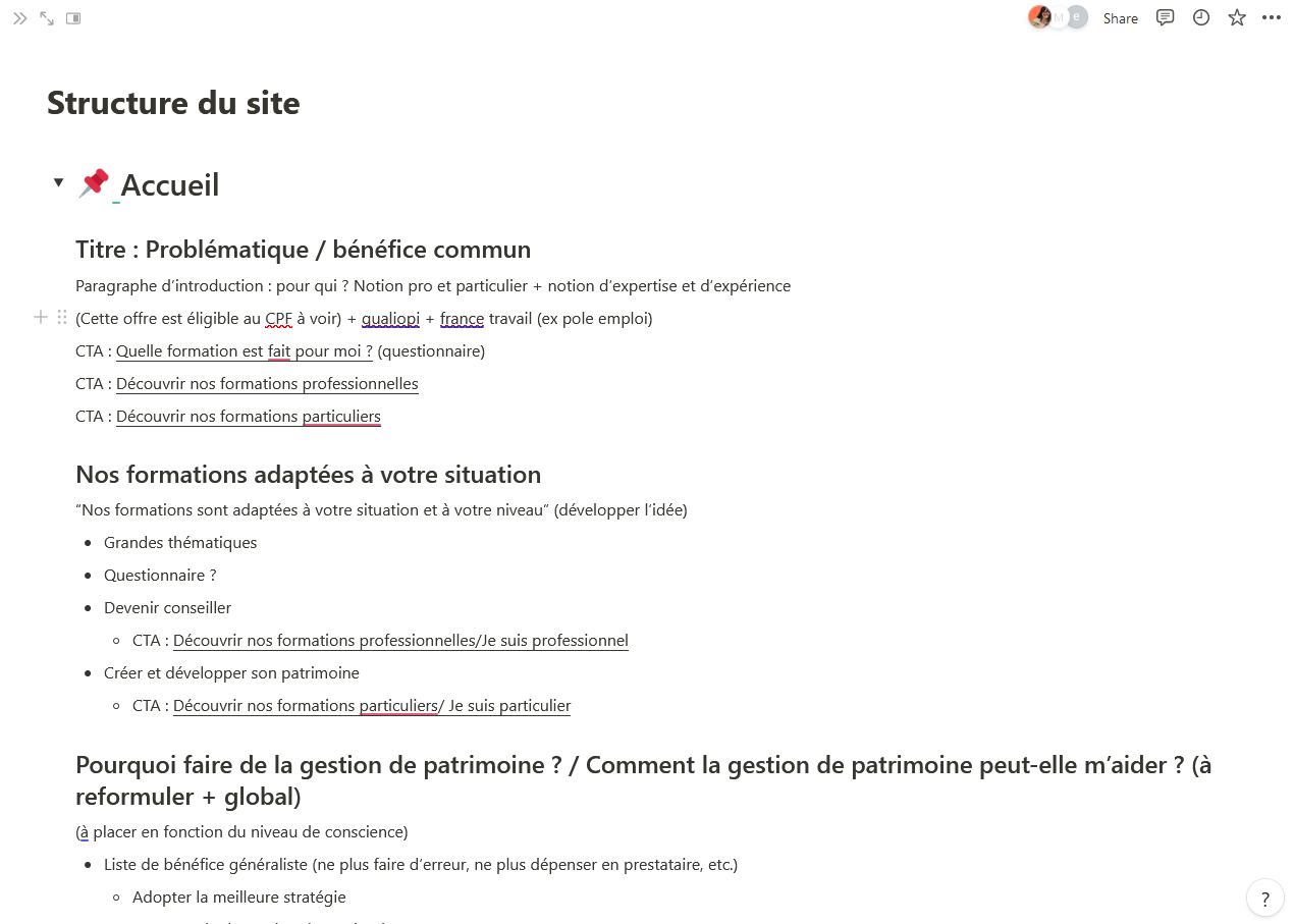 Structure de la page d'accueil sous forme d'indications